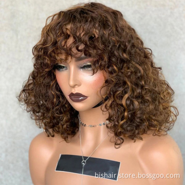 Wholesale Full Machine Made Wigs Highlight Honey #27 #30 Blonde Brown Burgundy 99J Brazilian Human Jerry Curly Wigs With Bangs